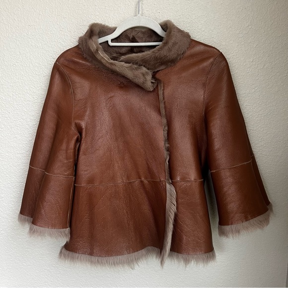 DOROTHEE SCHUMACHER Fur Leather Jacket Coat Reversible Cropped Tan Size Medium 4 - Picture 8 of 12